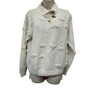 Real Clothes Saks Fifth Avenue Hand Knit Cotton Popcorn Floral Sweater Cream M